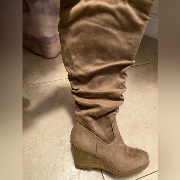 Taupe Faux Suede Slouchy Stacked Wedge Knee High - Picture 12 of 12